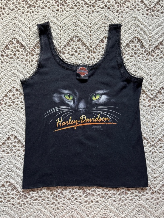 Harley-Davidson Tops - Vintage 1991 Harley Davidson "Cat Eyes" Tank Top 3D Emblem Size M Lace Trim